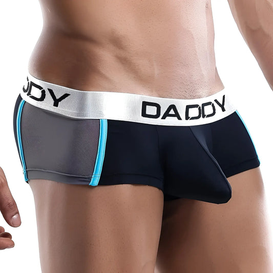 Black and gray daddy ddg003 boxer trunk underwear with blue trim showing front side design and fit