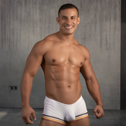 White Daddy DDG012 boxer trunk briefs with striped yellow red and black waistband for athletic wear