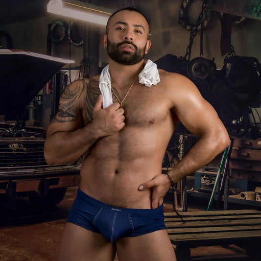 Navy blue daddy ddg020 boxer trunk briefs with white stitching and small baggy logo on waistband