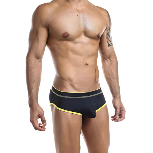 Black daddy ddi005 bikini brief swim trunks with bright yellow trim and textured waistband for beachwear