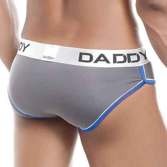 Gray daddy DDJ007 briefs with blue trim and white waistband featuring daddy logo in black for comfortable wear