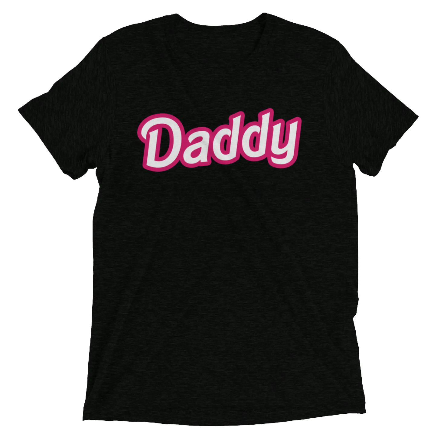 Black short-sleeved cotton t-shirt with bold pink and white daddy print across the chest from DADDY DOLL collection