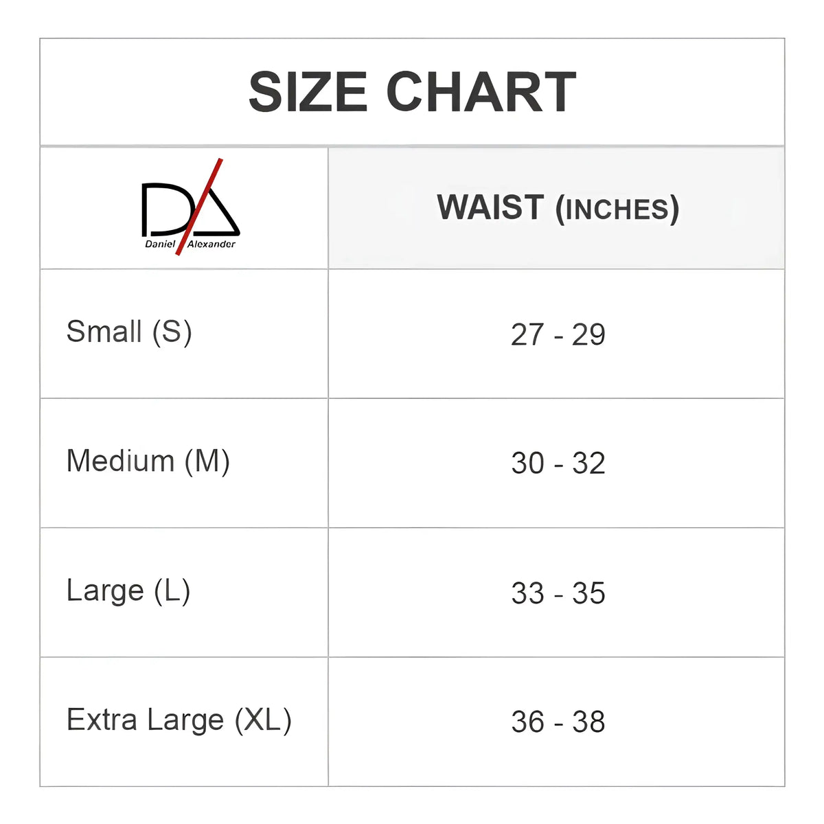 Daniel alexander dak051 thong size chart showing waist measurements in inches for accurate fit selection