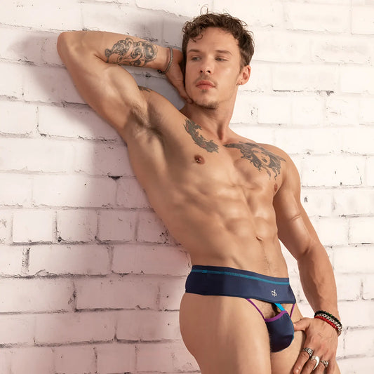Daniel Alexander DAK060 thong athletic briefs in navy blue and purple with a subtle textured waistband front view