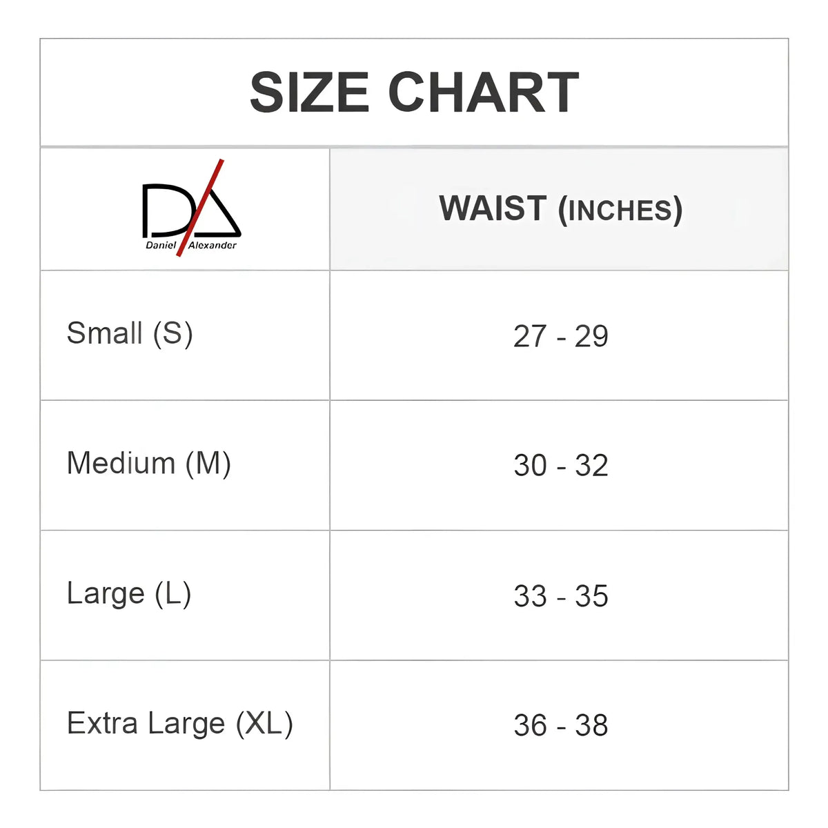 Daniel alexander dal048 g-string waist size chart in inches showing measurements for accurate fit guidance