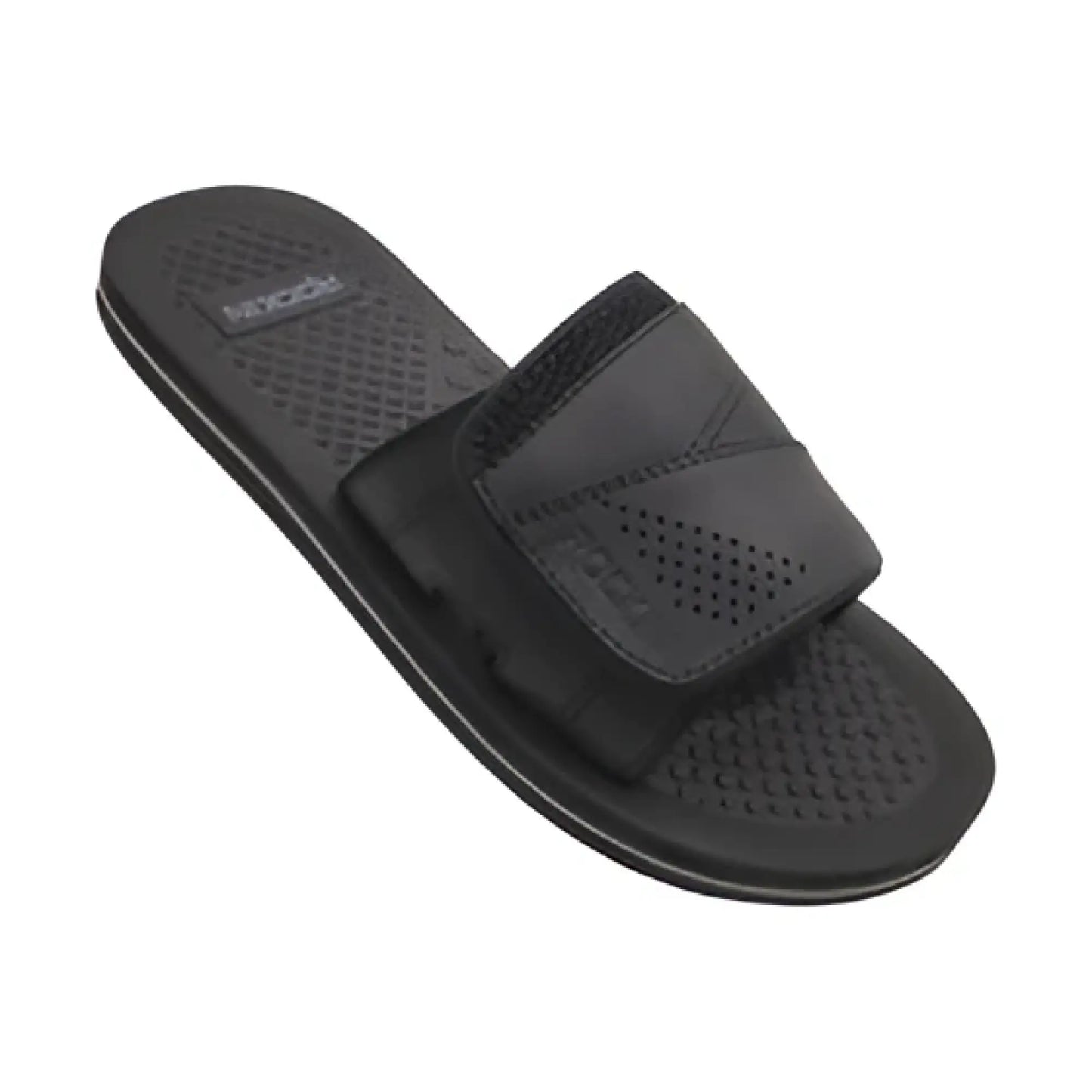 Black defender slide slip-on sandal with wide velcro strap and perforated footbed for casual comfort
