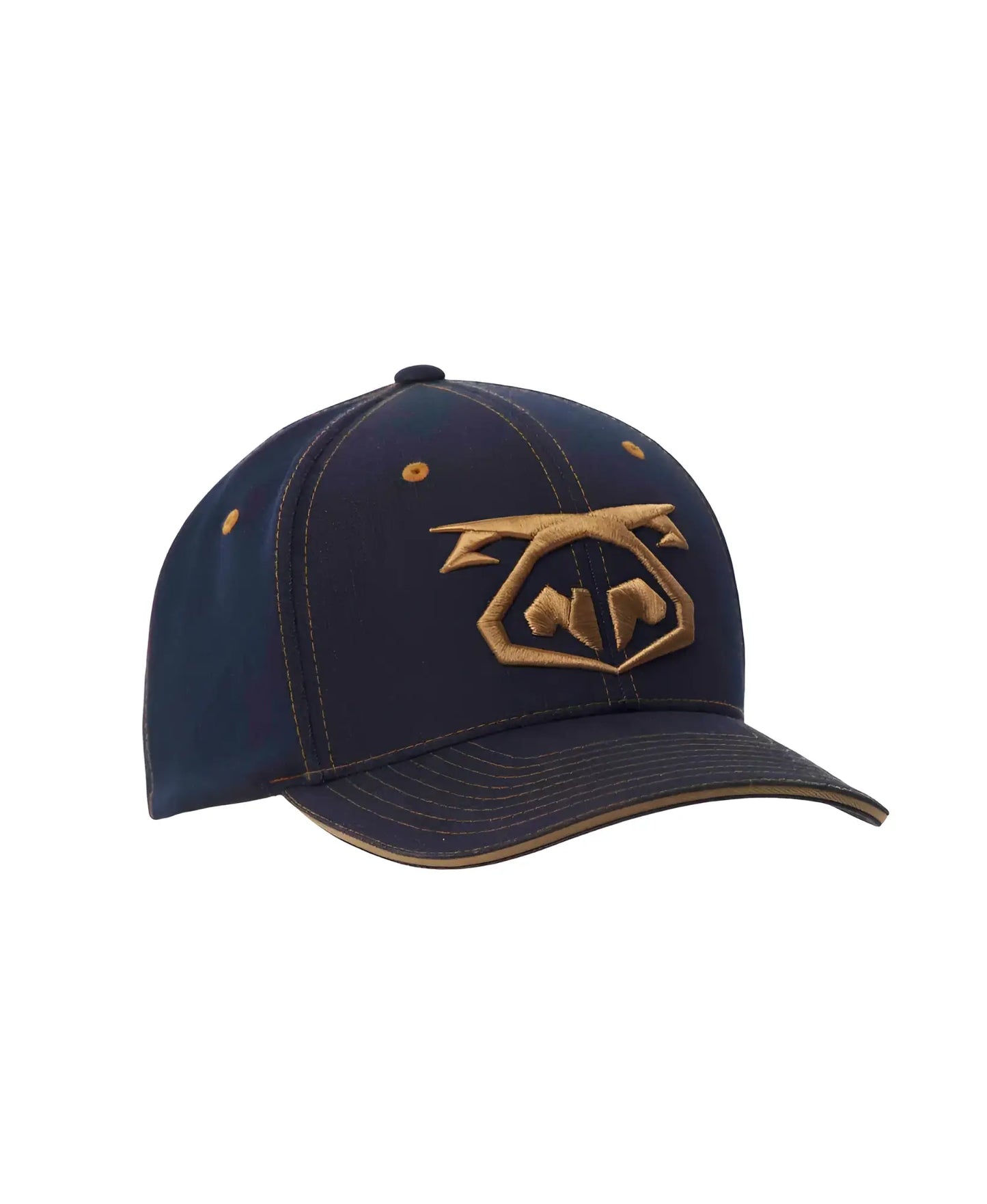 Dark blue denim snout 2-tone cap with gold embroidered logo on front made from durable denim material
