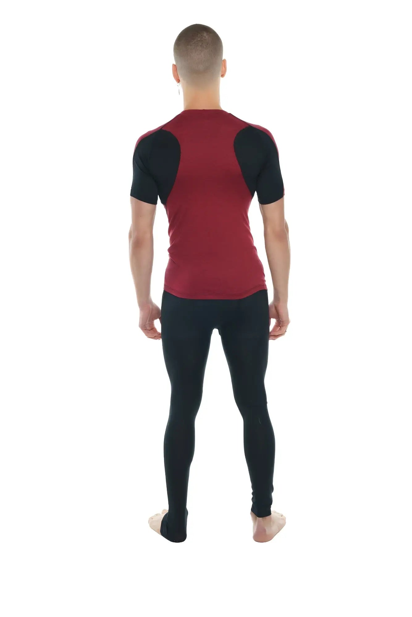 Red and black short-sleeved designer raglan crew-neck tee with contrasting shoulder panels for athletic wear