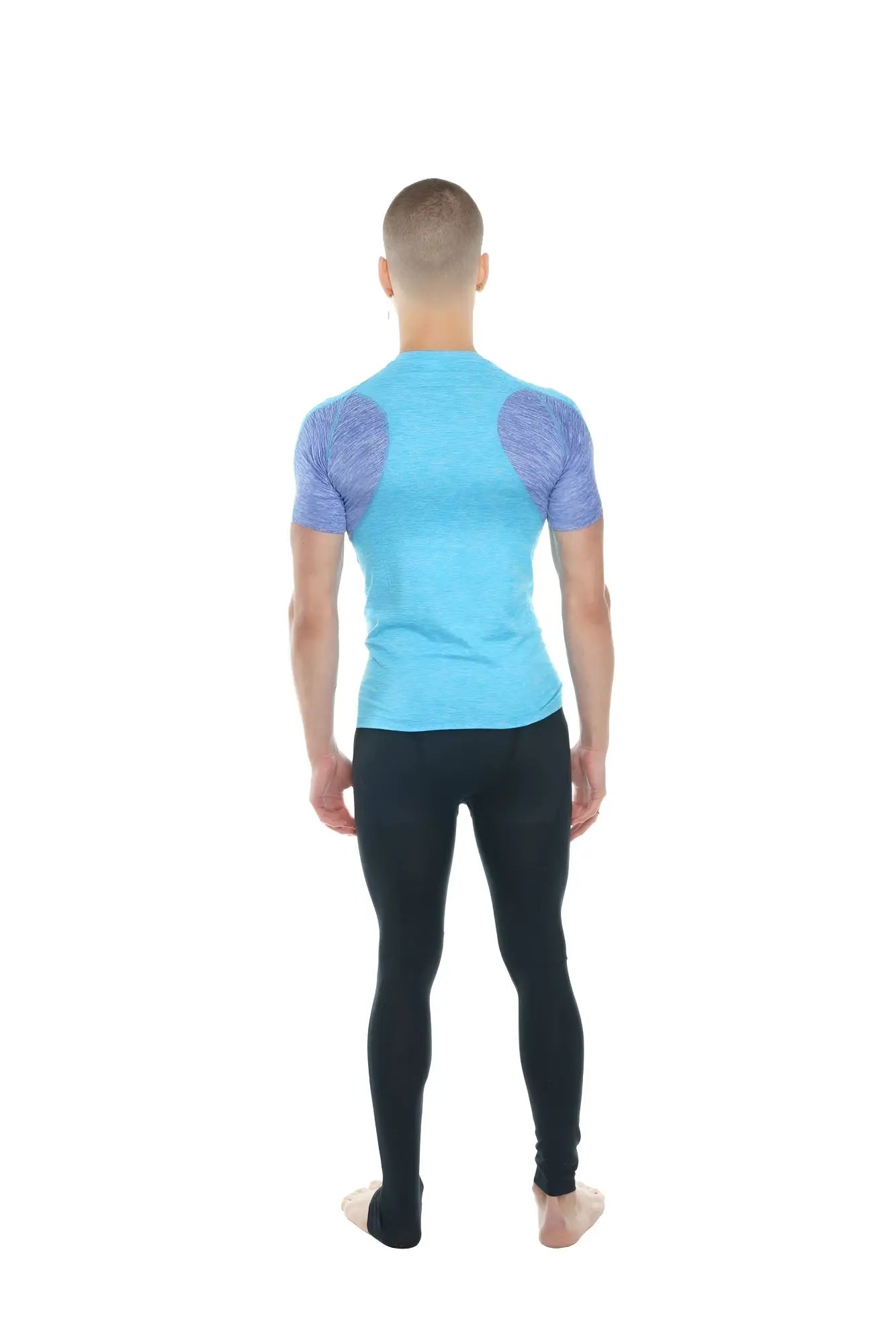 Designer raglan crew-neck tee with light blue fabric and purple patterned shoulder panels for athletic wear
