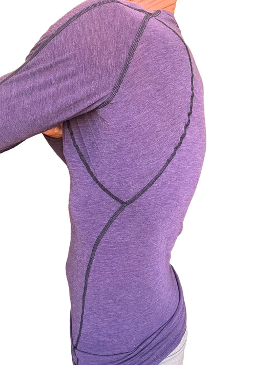 Designer raglan crew-neck tee long sleeve in eggplant purple heathered fabric with dark seam stitching