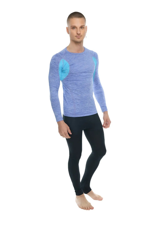 Designer raglan crew-neck long sleeve tee in blue and teal with textured fabric for athletic wear
