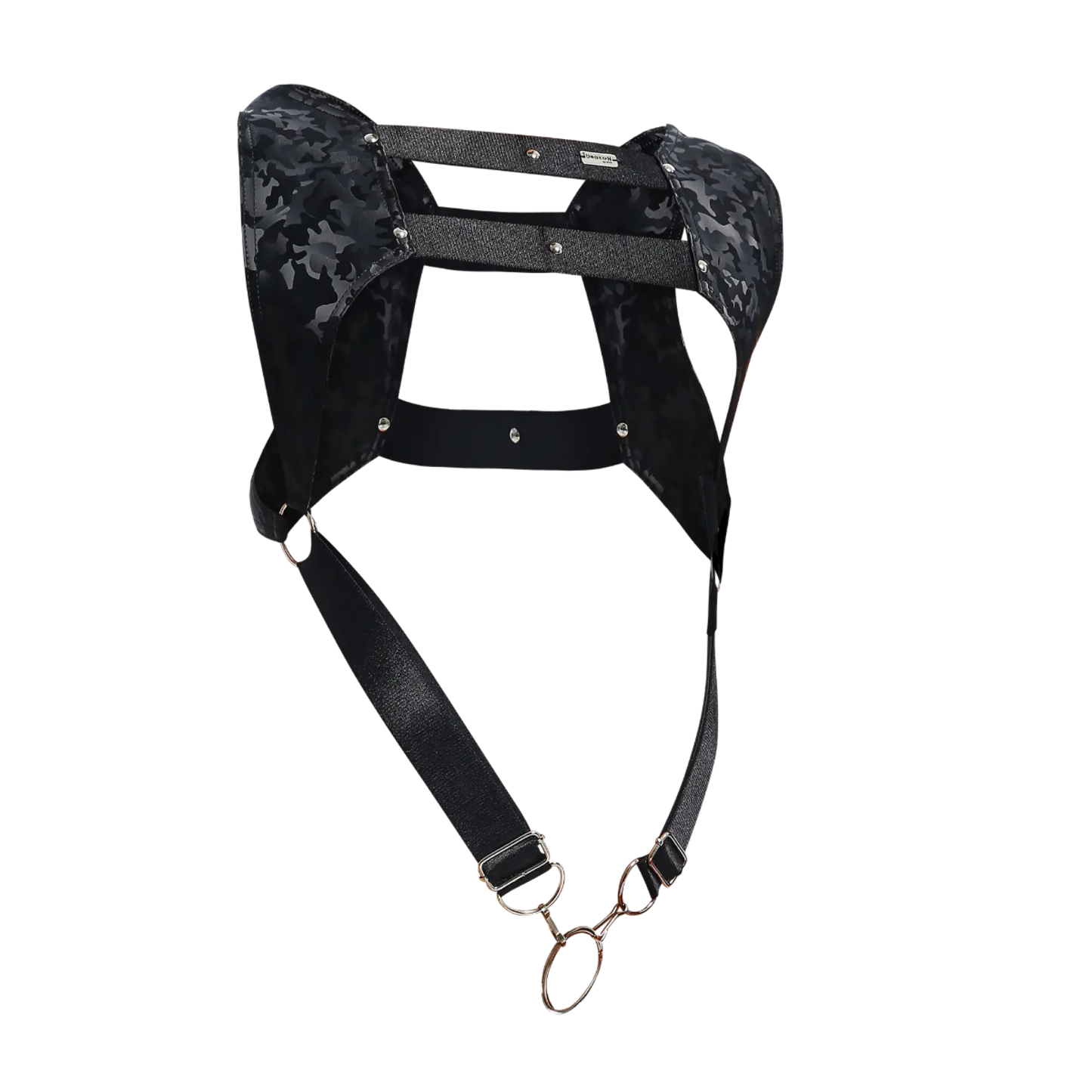 Dngeon croptop harness camo in black camouflage pattern with metallic hardware and adjustable straps front view