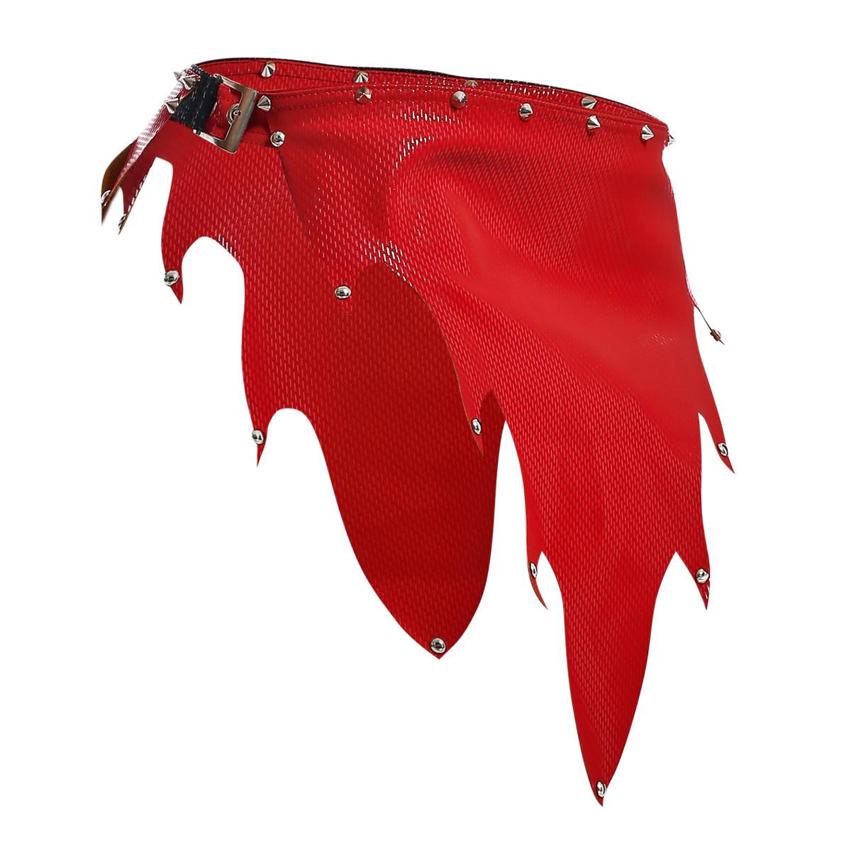 Dngeon fire skirt red studded leather belt with metallic buckle and jagged frayed edges