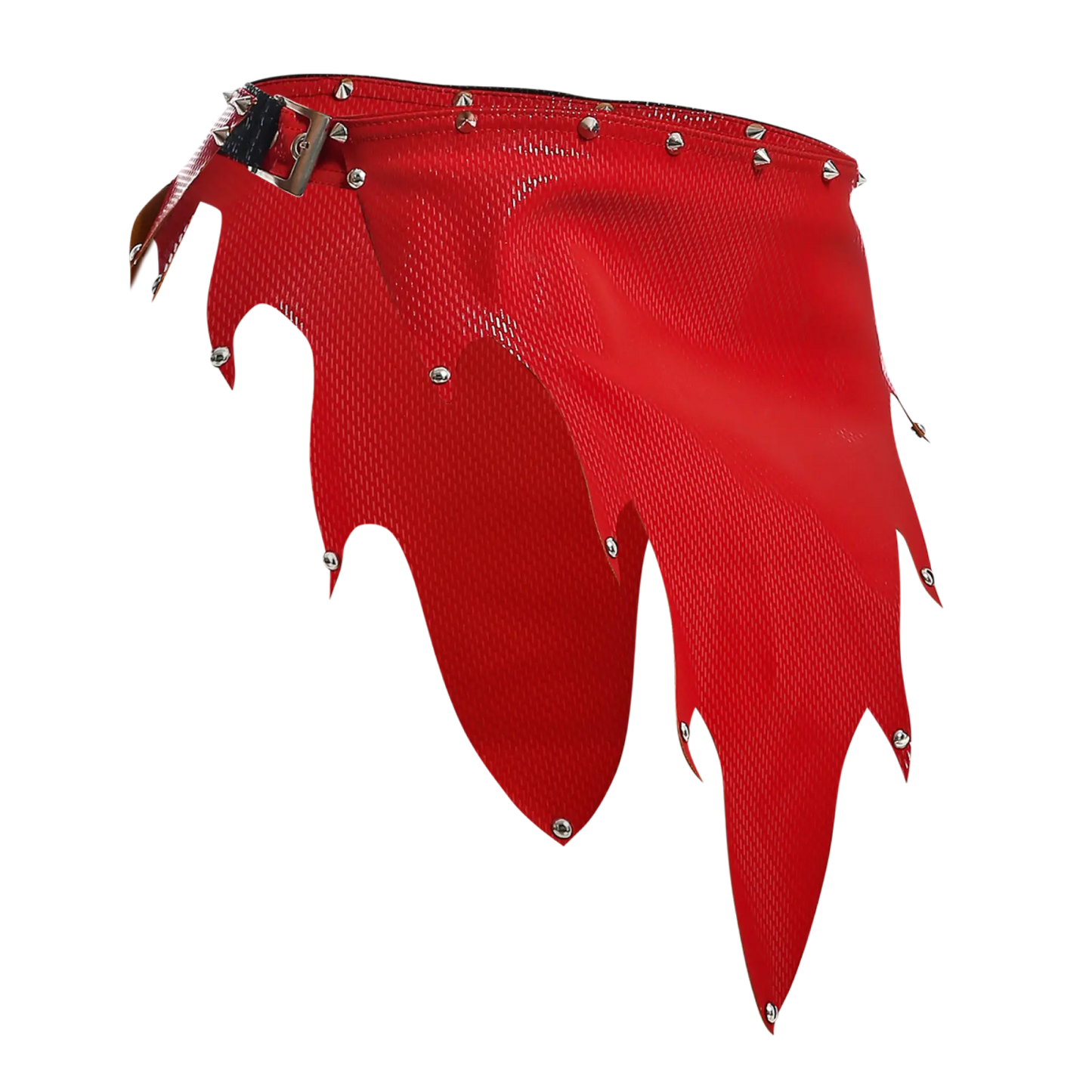 Dngeon fire skirt red studded leather belt with metallic buckle and jagged frayed edges