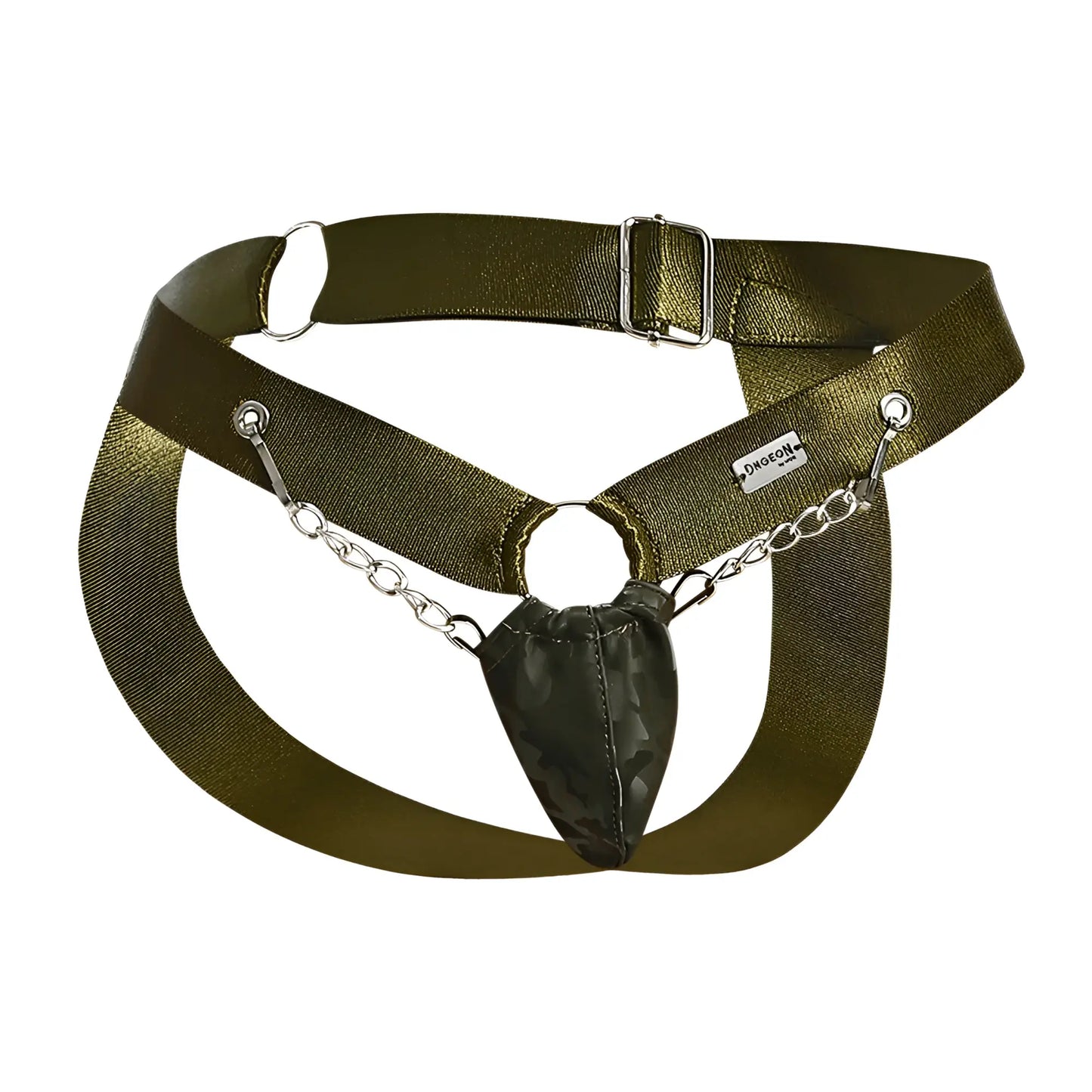 Olive green dngeon chain jockstrap with metallic chain and camouflage-patterned pouch for bold style