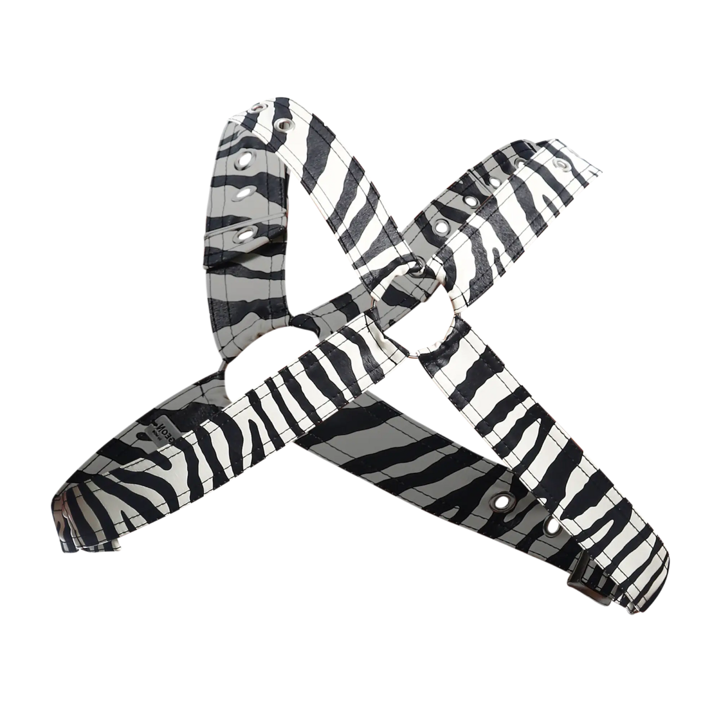 Dngeon classic cross harness black and white zebra-striped fabric with metal hardware for secure fit