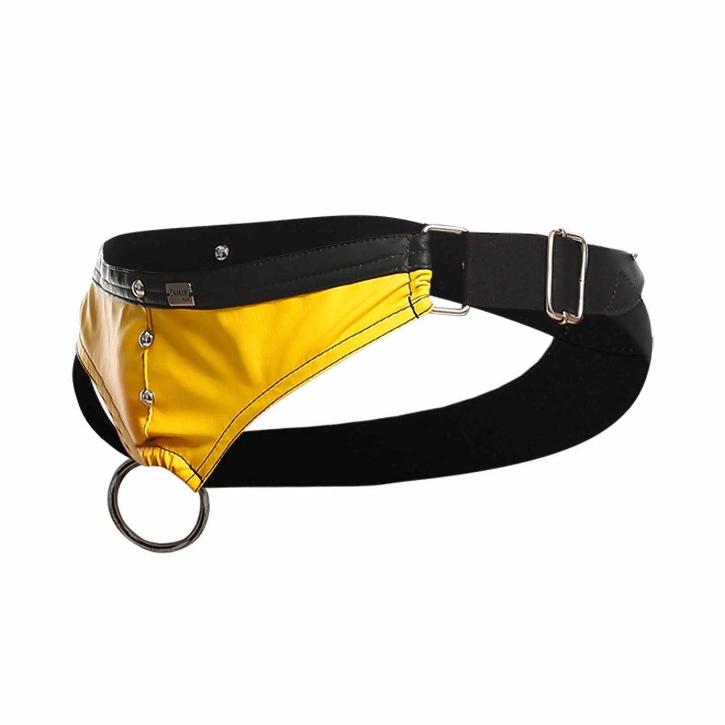 Black and yellow leather Dngeon cockring jockstrap with silver hardware designed for support and style