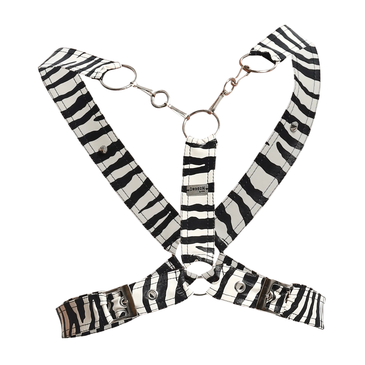 Black and white zebra-striped dngeon cross chain harness with silver-toned metal hardware for edgy fashion wear