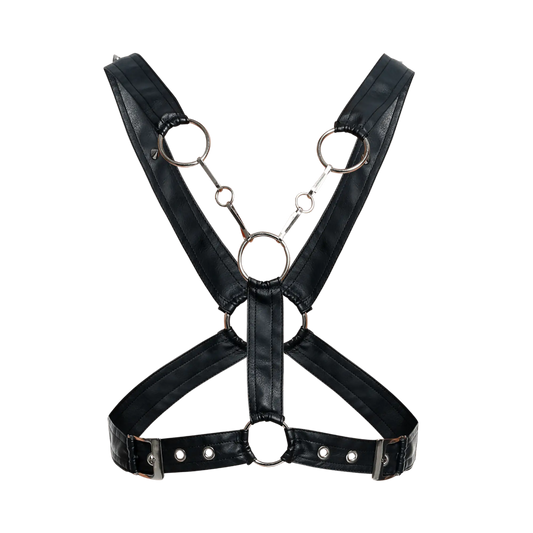 Black faux leather dngeon cross chain harness with silver metal rings and buckles showing front view