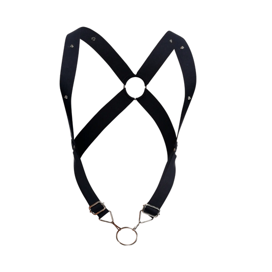 Black leather DNGEON crossback harness with silver metal hardware and studs shown from the back side