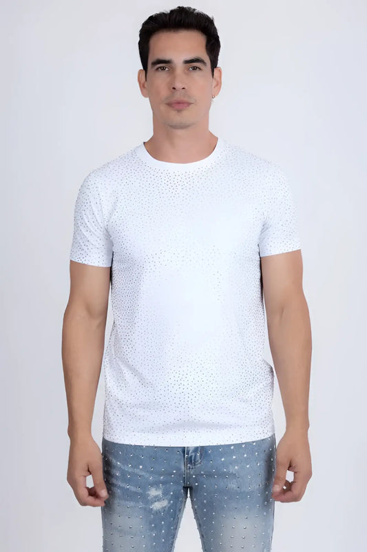 White short-sleeved dolorosa rhinestone t-shirt with subtle dotted pattern perfect for casual wear