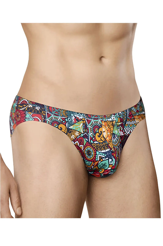 Doreanse 1217-PRN groovy bikini color printed men’s briefs with vibrant red teal orange and navy tribal geometric design