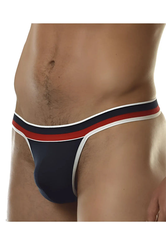 Navy blue Doreanse 1218-NVY Metro thong with white red and dark blue striped waistband shown from the back side