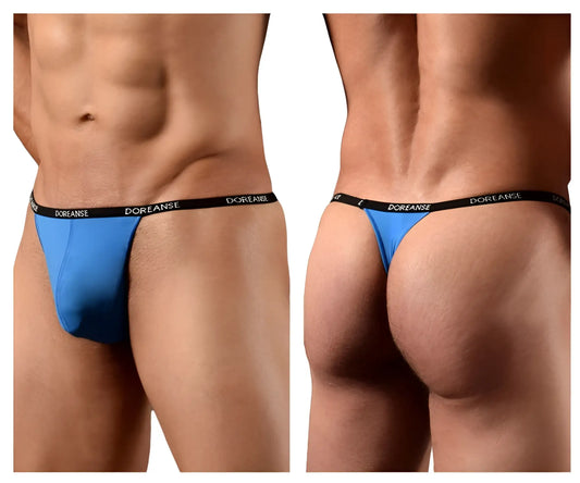Blue doreanse 1390-BLU Aire thong with cobalt blue fabric and black elastic waistband shown from the back side