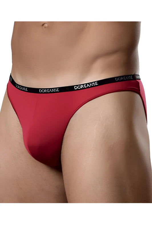 Red Doreanse 1395-RED Aire bikini briefs in red with black elastic waistband featuring white Doreanse branding