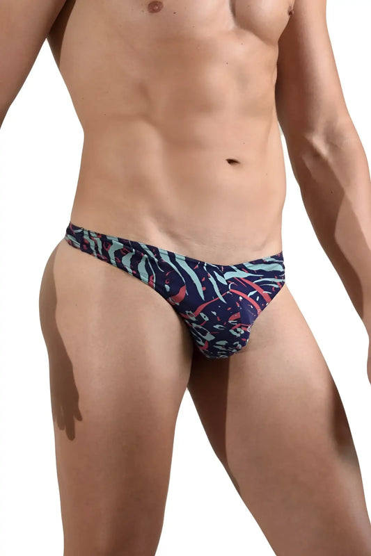Doreanse 1406-prn submarine thongs vibrant tropical-patterned men’s briefs in navy teal and coral colors