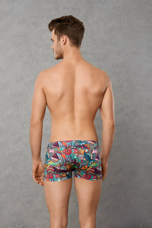 Doreanse patchwork boxer brief underwear size m featuring colorful tropical and geometric patterns in teal red purple and orange