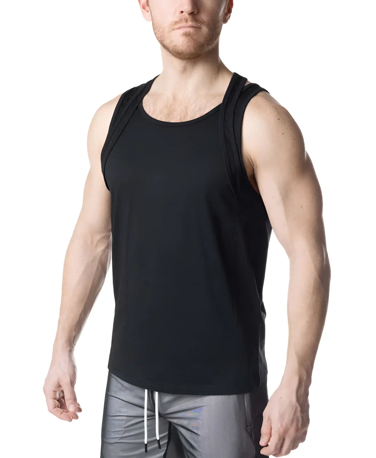 Black sleeveless double top tank top with round neckline and subtle side seam detailing ideal for casual wear