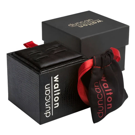 Black leather watch box with red ribbon and matching branded pouch for duncan walton porter cufflinks pink size one size