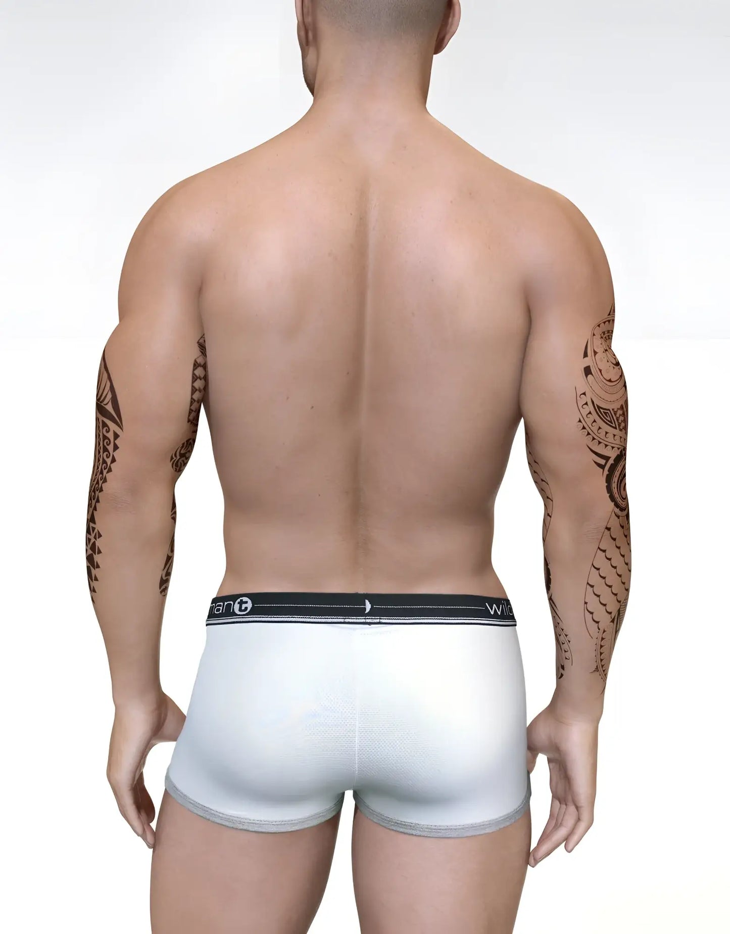White duo big boy pouch boxer brief with black elastic waistband featuring wicked brand logo for comfortable fit