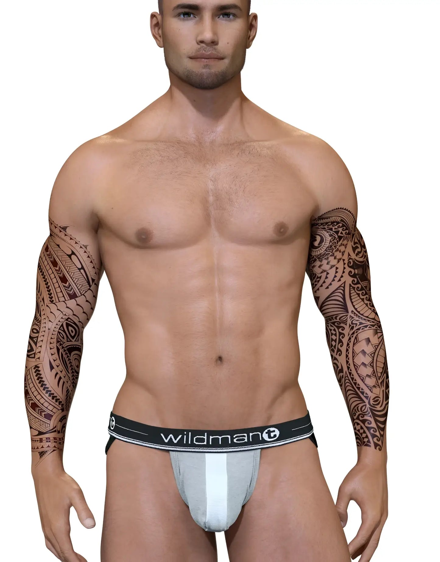 Gray and white athletic Duo Big Boy pouch jock strap with black waistband featuring Wildman brand logo