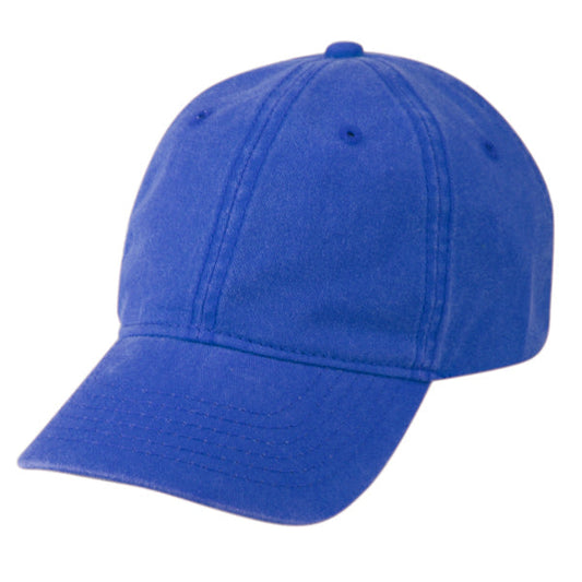 A royal blue pigment-dyed baseball cap on a white background.