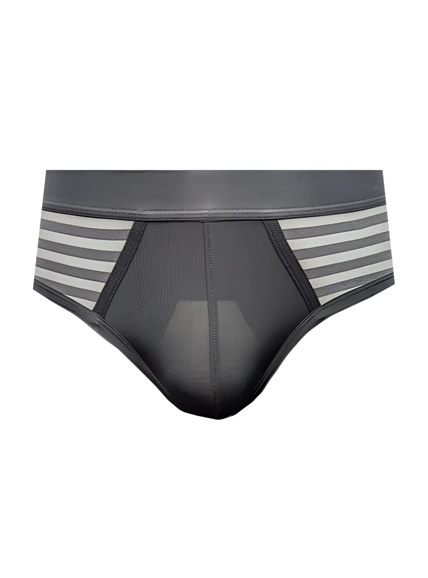 Black and gray striped men’s easy stretch briefs with breathable mesh panel for comfortable all-day wear