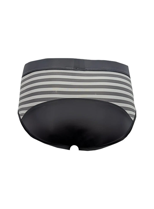 Easy stretch brief gray and white striped with black leather-like front panel for comfortable everyday wear