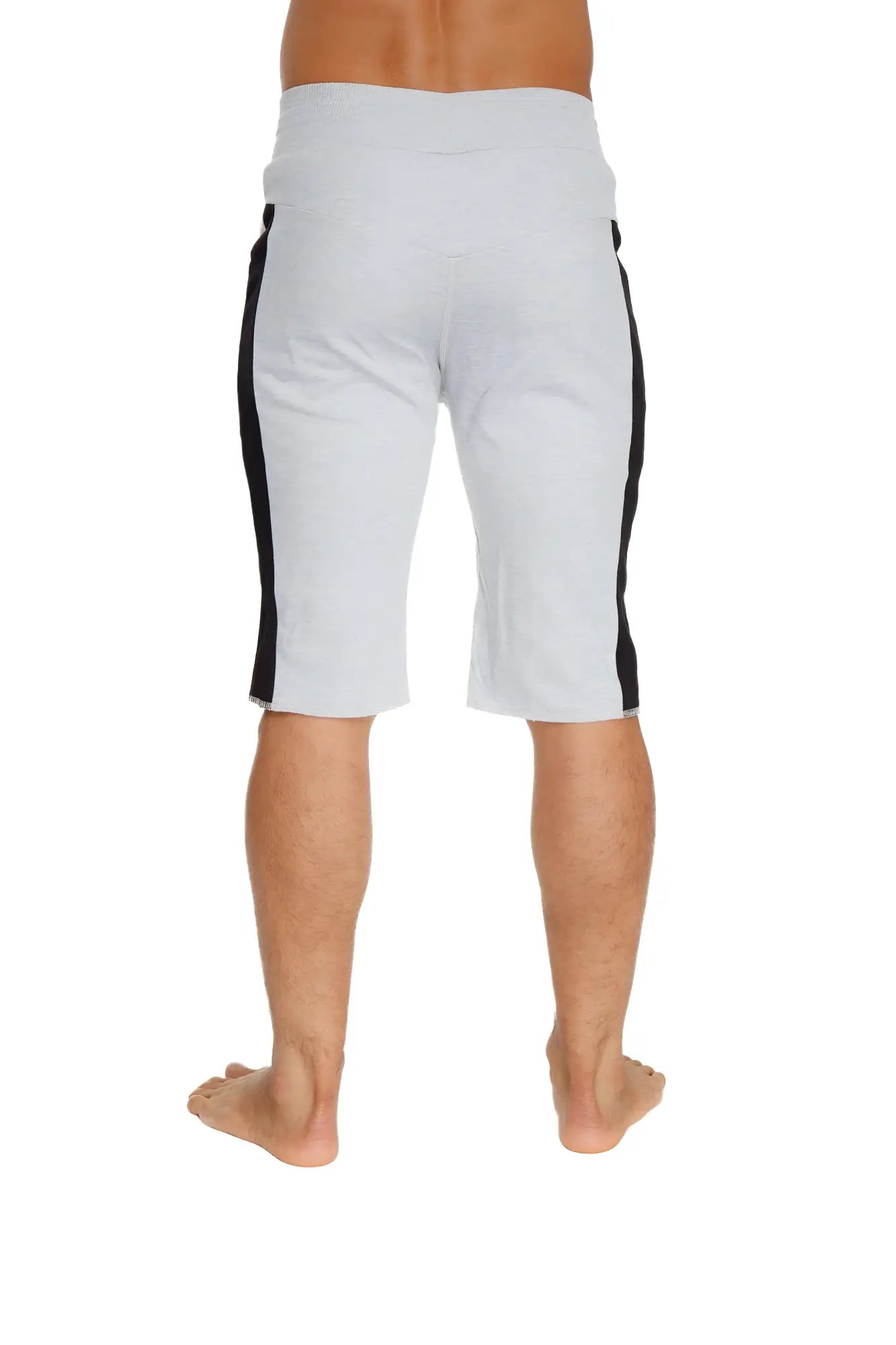 White eco-track athletic shorts in heather grey with black side stripes designed for active wear