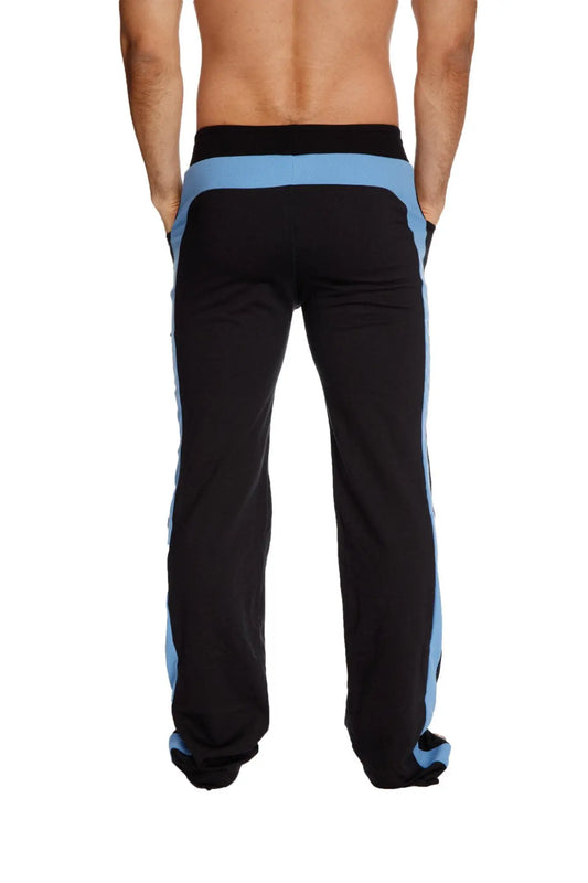 Black eco-track and yoga sweat pants with light blue side stripes and waistband designed for comfort and movement