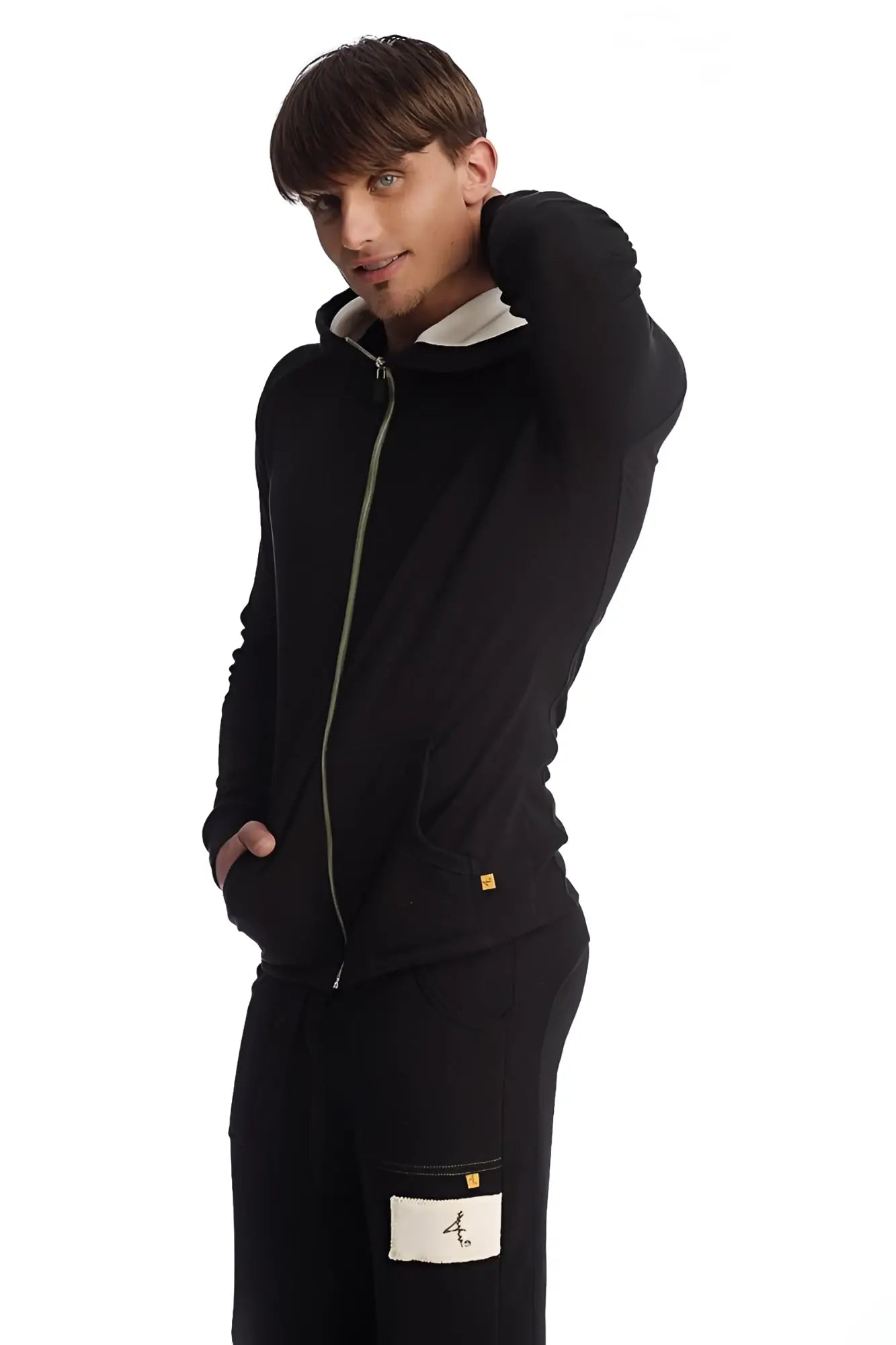 Edge form-fit crossover yoga track performance hoodie black with light green zipper and white inner lining