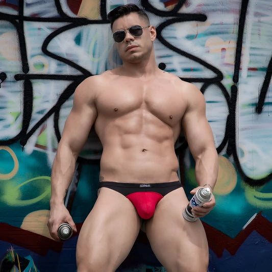Edipous EDK022 thong athletic briefs in black and red with bold vibrant design for active wear