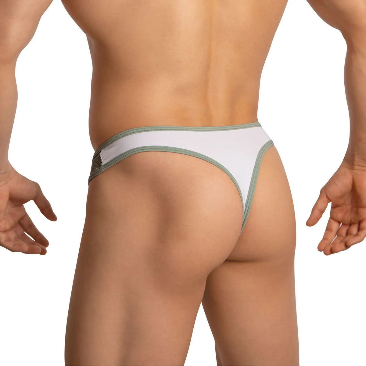 Edipous edk025 thong in white with sage green trim and mesh side detailing for comfortable wear