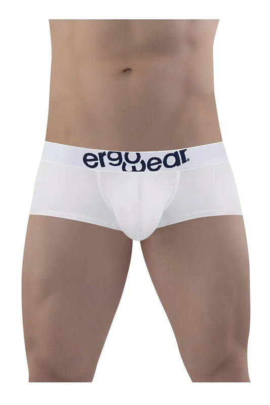White ergonomic cotton trunks with navy blue ergowear logo on the waistband ergonomic briefs ew1476 max cotton