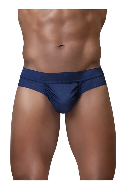 Navy blue satin briefs with subtle texture and ergowear brand embroidered on waistband model ew1750 feel se thong