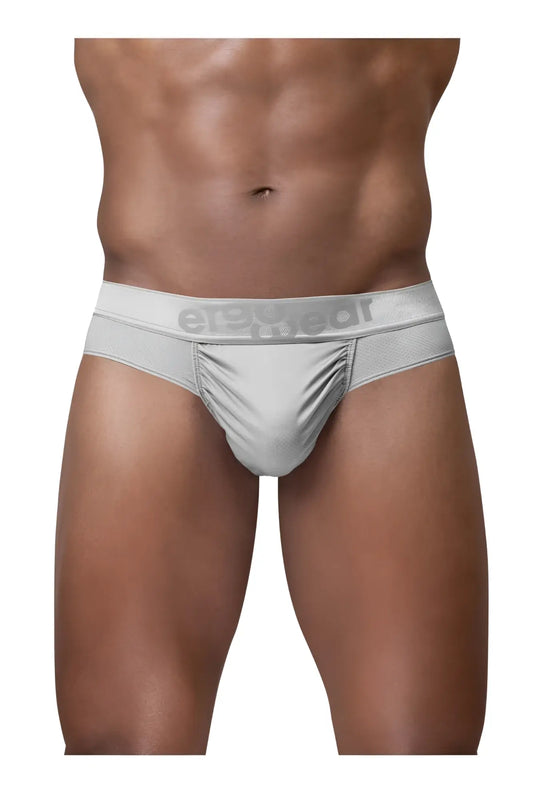 Silver men’s briefs with sleek form-fitting design and erectgear logo on waistband from ergowear ew1758 feel se thongs
