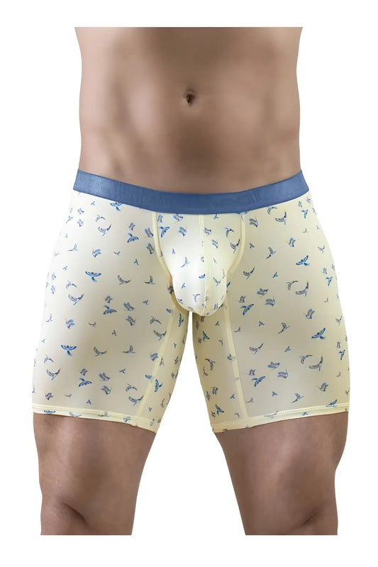 Cream-colored ergoWear ew1771 SLK SE boxer briefs with blue waistband and blue bird pattern in vanilla color