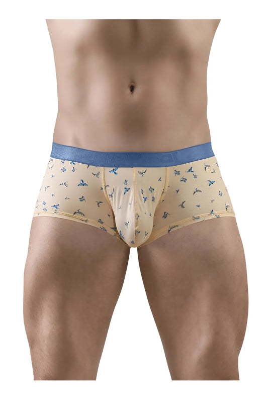 Beige ergoWear EW1774 SLK SE trunks with blue waistband and small bird patterns in peach color for comfortable wear
