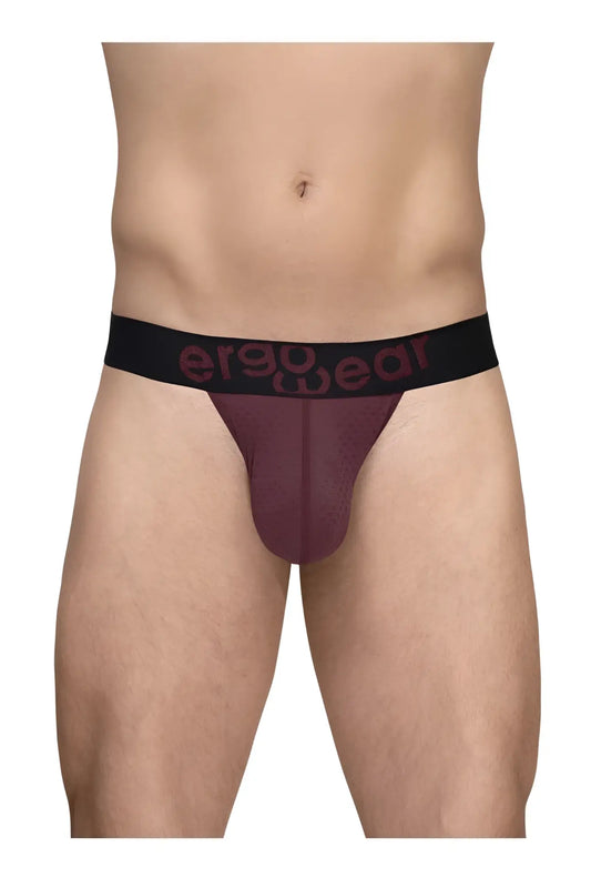 Ergowear ew1793 max flow burgundy g-string briefs with maroon fabric and black waistband featuring ergo wear logo