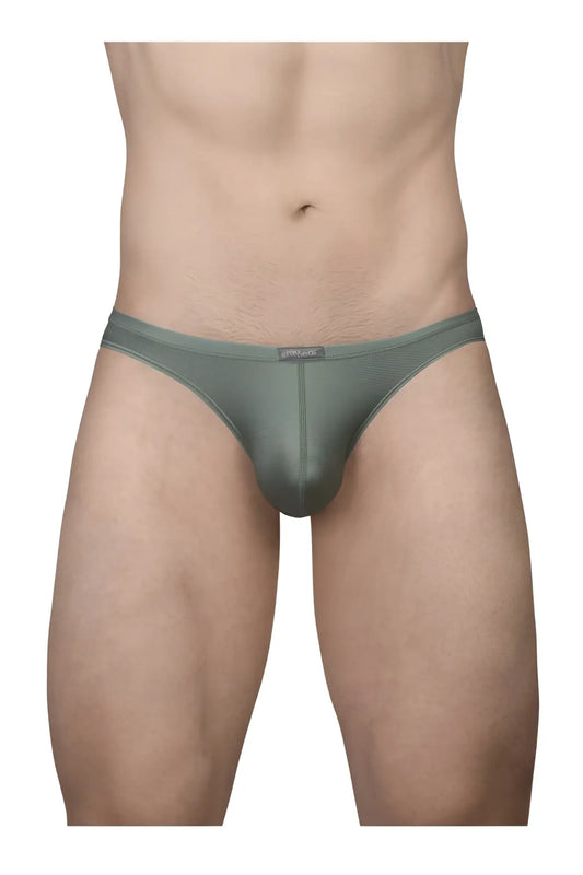 A sleek olive green ergoWear ew1801 x4d se thong with smooth form-fitting fabric and subtle waistband brand tag